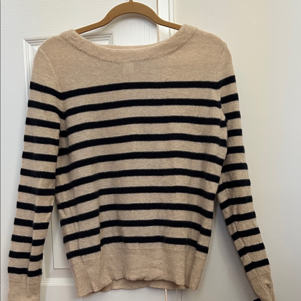 Magaschoni Beige with Black Horizontal Stripe Crewneck Sweater